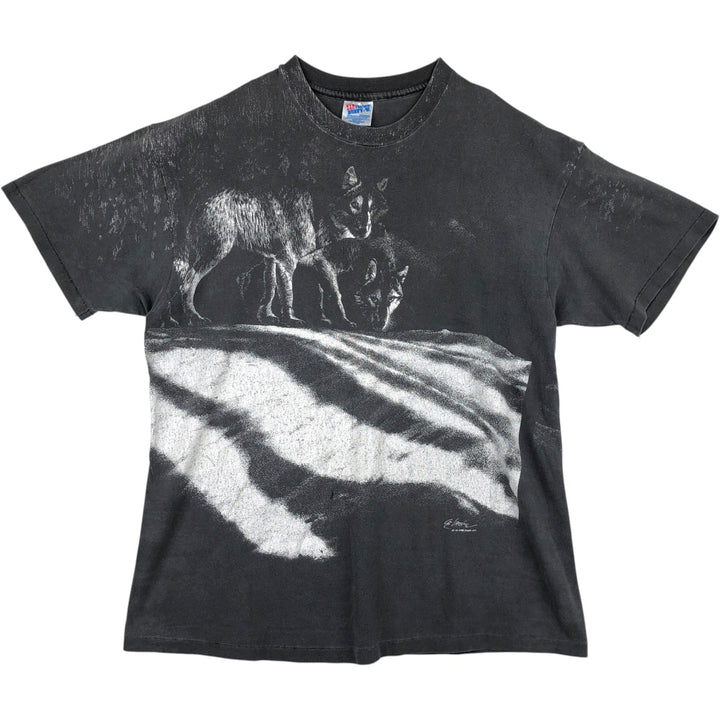 90'S Hanes BEEFY-T Wolf Pattern Animal T-Shirt, Made in USA, Men's XL equivalent, Vintage cotton Charcoal Vintage Second Hand