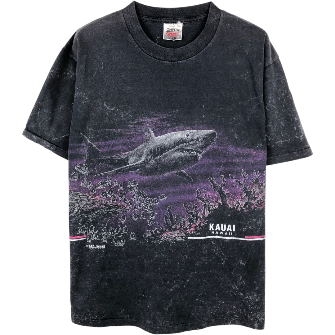 90'S ONEITA POWER-T Shark Pattern Animal T-shirt Made in USA Men's XL Vintage cotton black type Vintage Second Hand