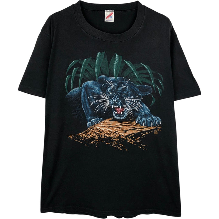 80'S Jerzees Black Panther Pattern Animal T-Shirt, Made in USA, Men's XXL equivalent, Vintage cotton black type Vintage Second Hand