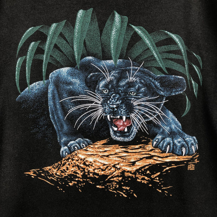 80'S Jerzees Black Panther Pattern Animal T-Shirt, Made in USA, Men's XXL equivalent, Vintage cotton black type Vintage Second Hand
