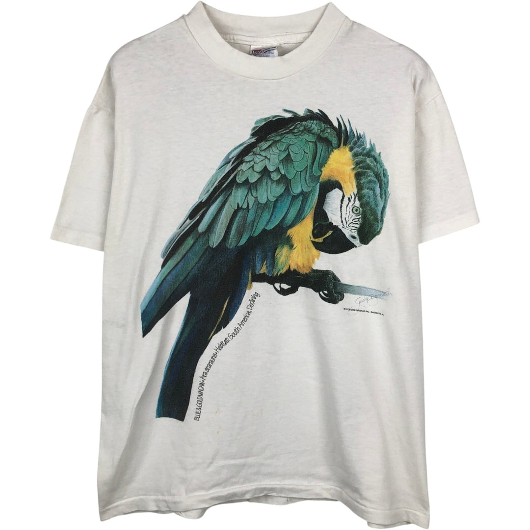 90'S Hanes BEEFY-T Parrot Pattern Animal T-Shirt, Made in USA, Men's Size L (approx.), Vintage cotton white type Vintage Second Hand