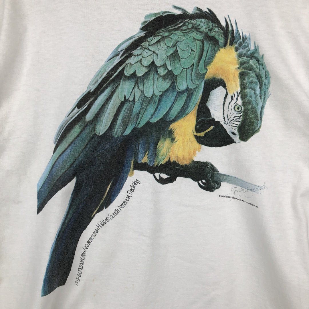 90'S Hanes BEEFY-T Parrot Pattern Animal T-Shirt, Made in USA, Men's Size L (approx.), Vintage cotton white type Vintage Second Hand