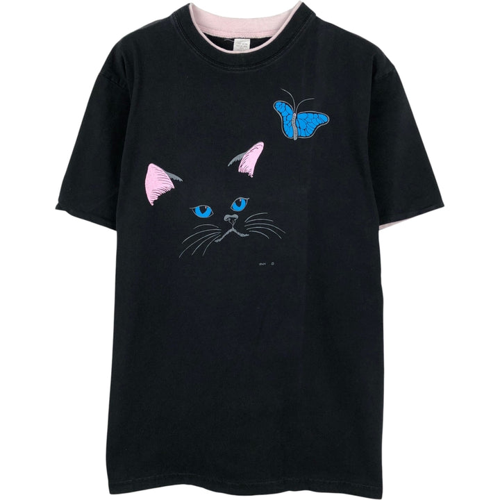 Cat Pattern Butterfly Pattern Animal T-Shirt Made in USA Men's Size L (equivalent) cotton black type Vintage Second Hand