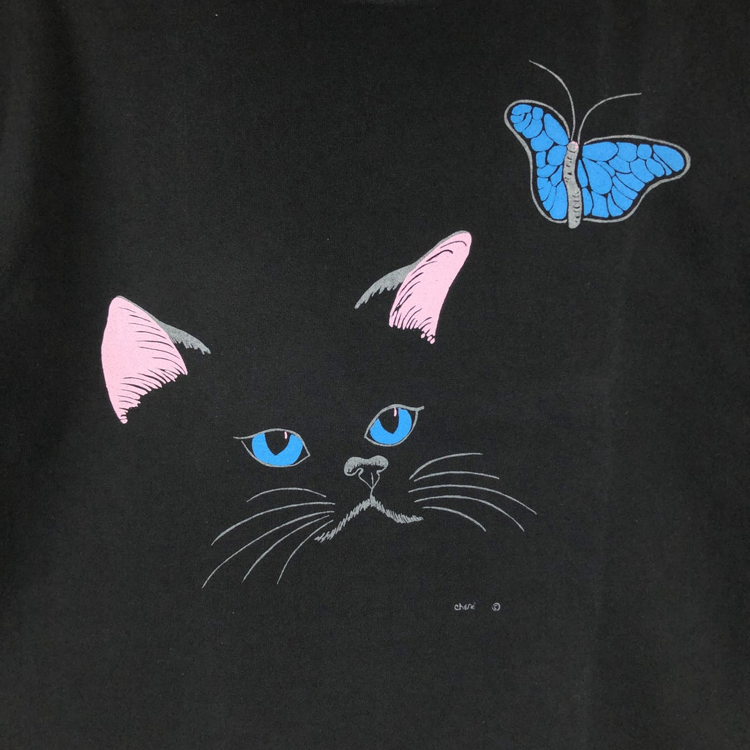 Cat Pattern Butterfly Pattern Animal T-Shirt Made in USA Men's Size L (equivalent) cotton black type Vintage Second Hand