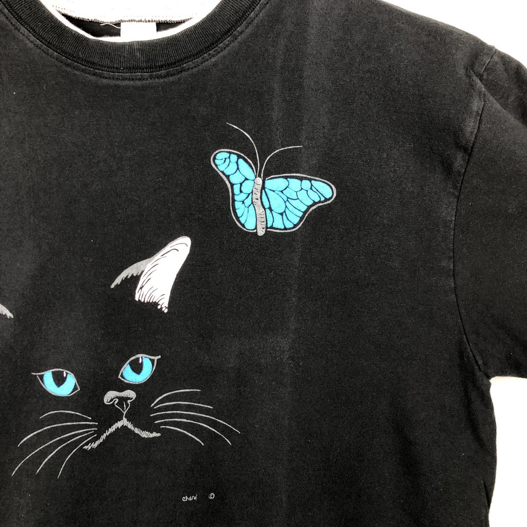 Cat Pattern Butterfly Pattern Animal T-Shirt Made in USA Men's Size L (equivalent) cotton black type Vintage Second Hand