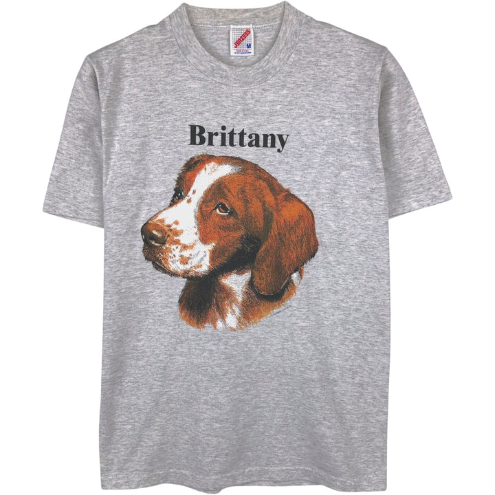 90'S JERSEY'S BRITTANY SPANIEL dog print animal t-shirt, made in USA, men's size M equivalent, vintage. cotton gray type Vintage Second Hand