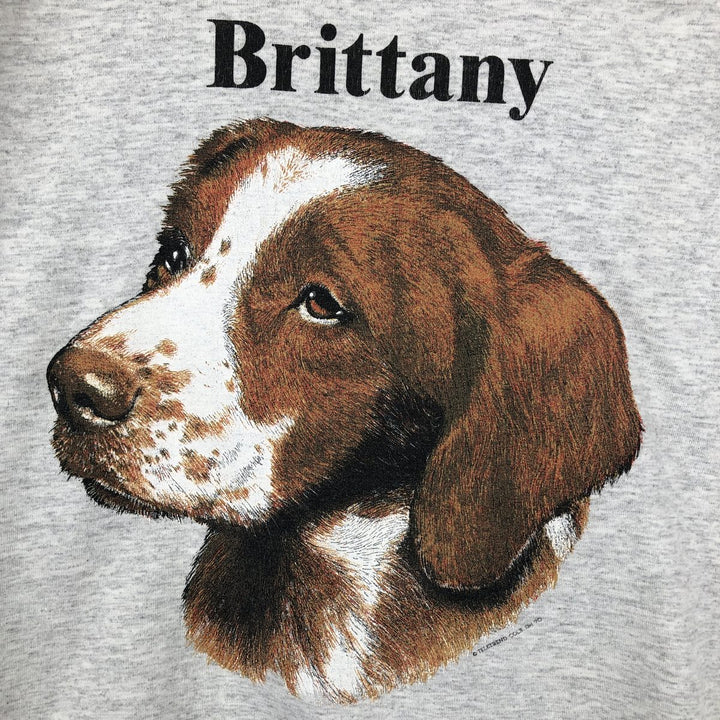 90'S JERSEY'S BRITTANY SPANIEL dog print animal t-shirt, made in USA, men's size M equivalent, vintage. cotton gray type Vintage Second Hand