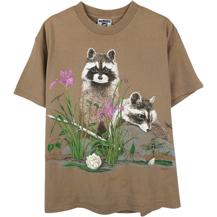 90'S Lee Raccoon Pattern Animal T-Shirt, Made in USA, Men's Size L (Equivalent), Vintage cotton beige type brown Vintage Second Hand