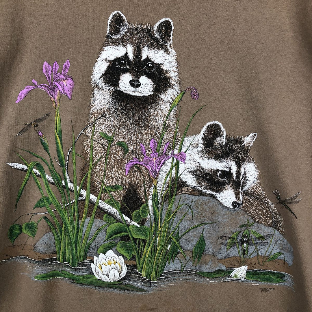 90'S Lee Raccoon Pattern Animal T-Shirt, Made in USA, Men's Size L (Equivalent), Vintage cotton beige type brown Vintage Second Hand