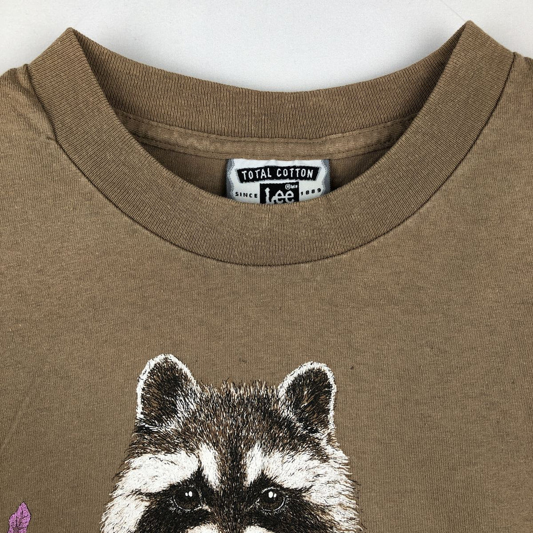 90'S Lee Raccoon Pattern Animal T-Shirt, Made in USA, Men's Size L (Equivalent), Vintage cotton beige type brown Vintage Second Hand