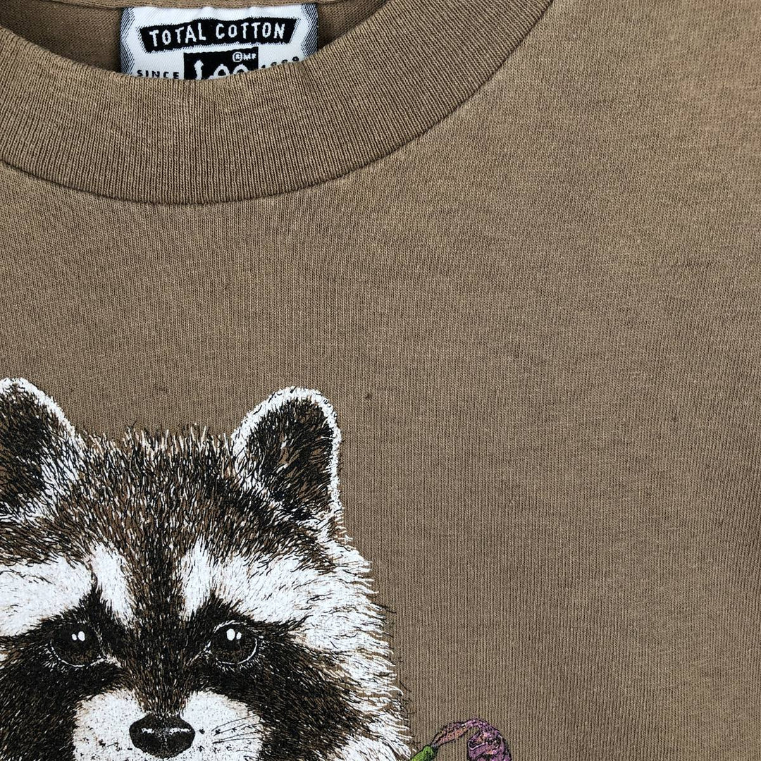 90'S Lee Raccoon Pattern Animal T-Shirt, Made in USA, Men's Size L (Equivalent), Vintage cotton beige type brown Vintage Second Hand
