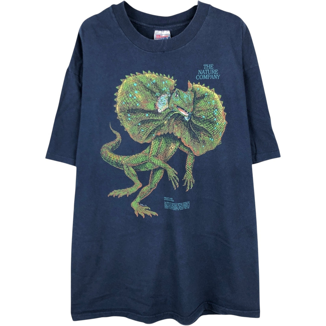 90'S Hanes BEEFY-T Frilled Lizard Pattern Animal T-Shirt, Made in USA, Men's XL equivalent. cotton navy blue type Vintage Second Hand