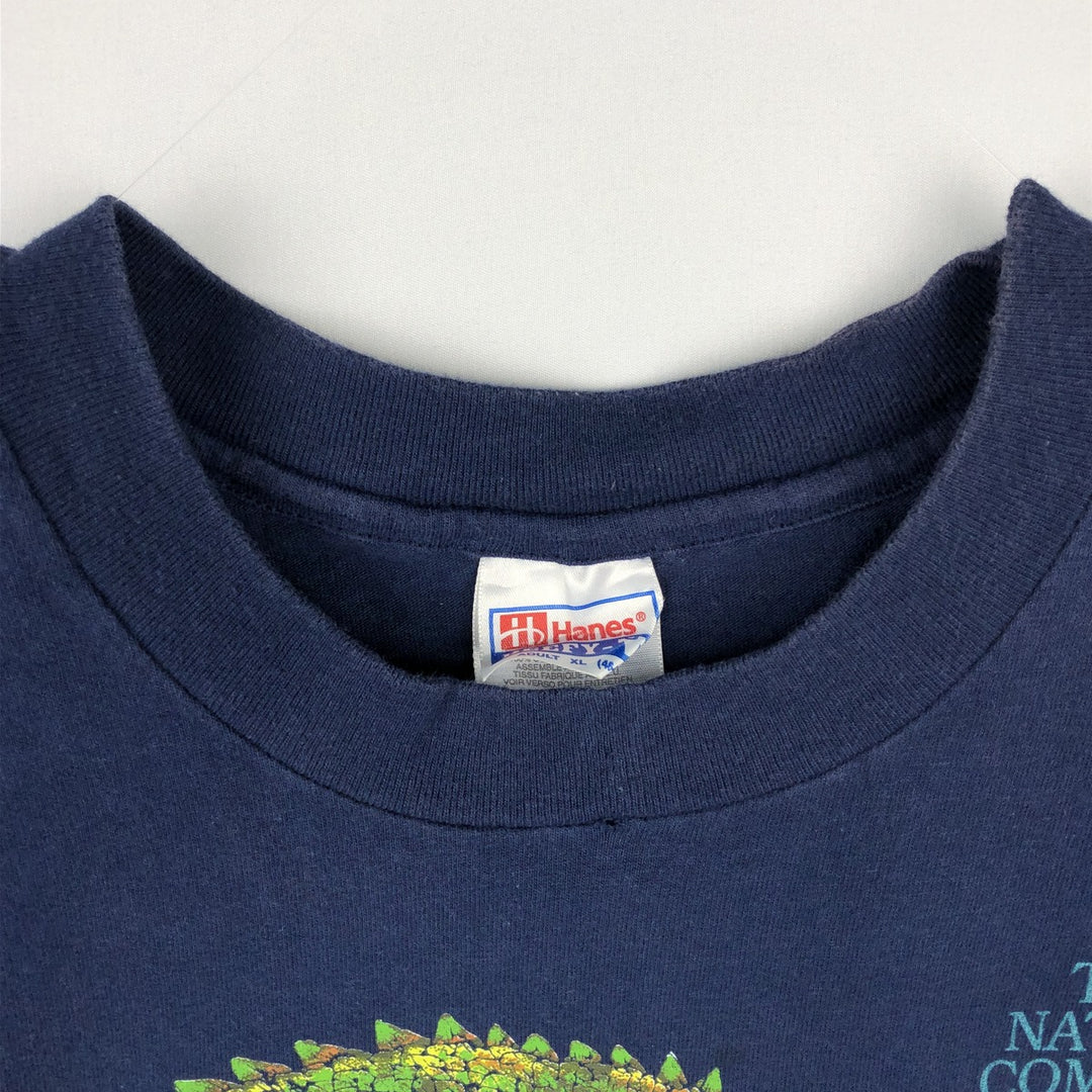 90'S Hanes BEEFY-T Frilled Lizard Pattern Animal T-Shirt, Made in USA, Men's XL equivalent. cotton navy blue type Vintage Second Hand