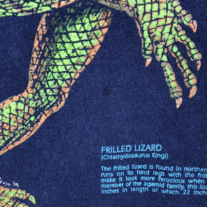 90'S Hanes BEEFY-T Frilled Lizard Pattern Animal T-Shirt, Made in USA, Men's XL equivalent. cotton navy blue type Vintage Second Hand