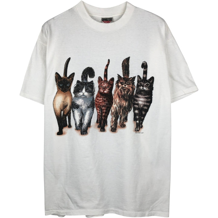 90'S ONEITA POWER-T Cat Pattern Animal T-Shirt, Made in USA, Men's XL equivalent, Vintage cotton white type Vintage Second Hand