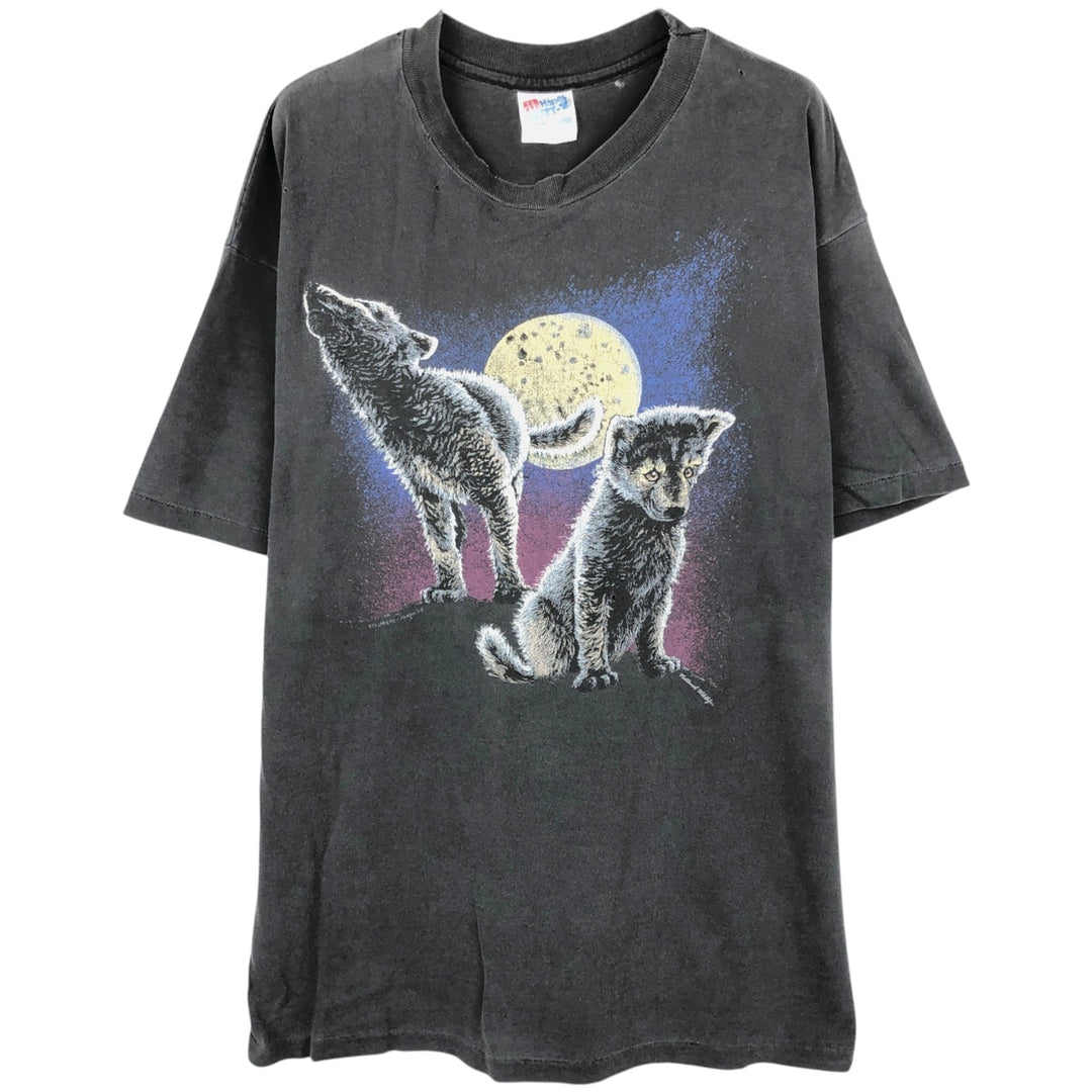 90'S Hanes BEEFY-T Wolf Pattern Animal T-Shirt, Made in USA, Men's XL equivalent. cotton black type Vintage Second Hand
