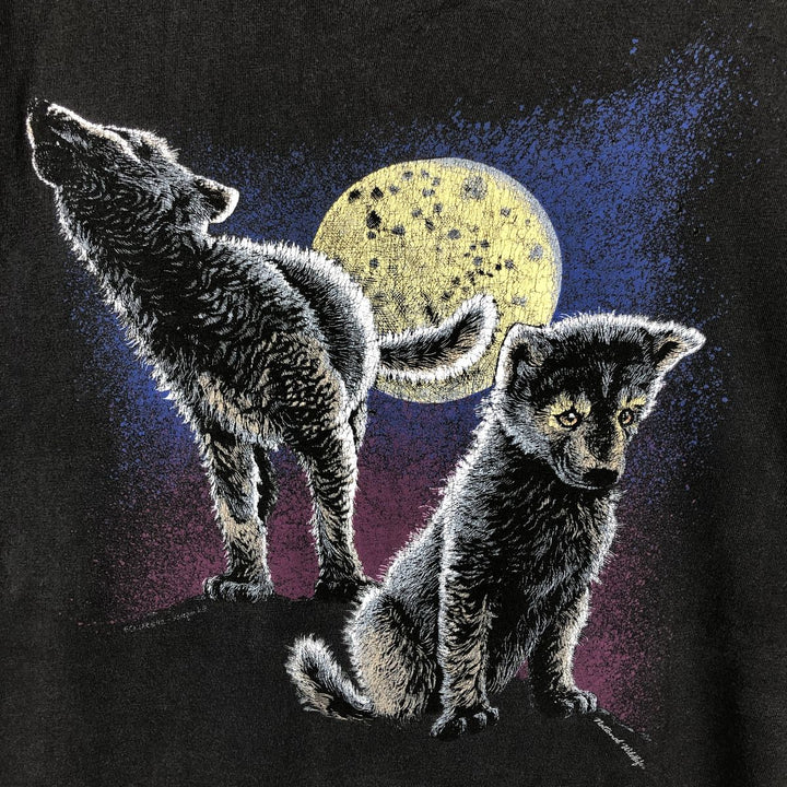 90'S Hanes BEEFY-T Wolf Pattern Animal T-Shirt, Made in USA, Men's XL equivalent. cotton black type Vintage Second Hand