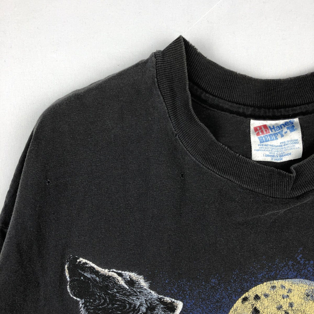 90'S Hanes BEEFY-T Wolf Pattern Animal T-Shirt, Made in USA, Men's XL equivalent. cotton black type Vintage Second Hand