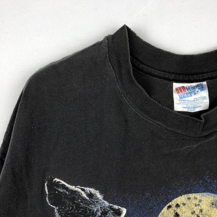 90'S Hanes BEEFY-T Wolf Pattern Animal T-Shirt, Made in USA, Men's XL equivalent. cotton black type Vintage Second Hand