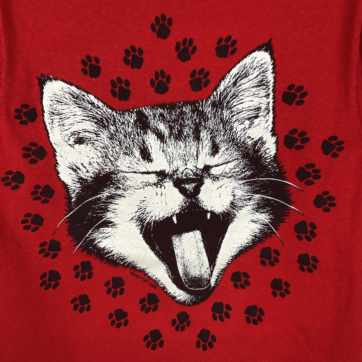 80'S Hanes BEEFY-T Blue Tag Cat Pattern Animal T-Shirt Made in USA Men's Size S (Equivalent) Vintage cotton red type Vintage Second Hand