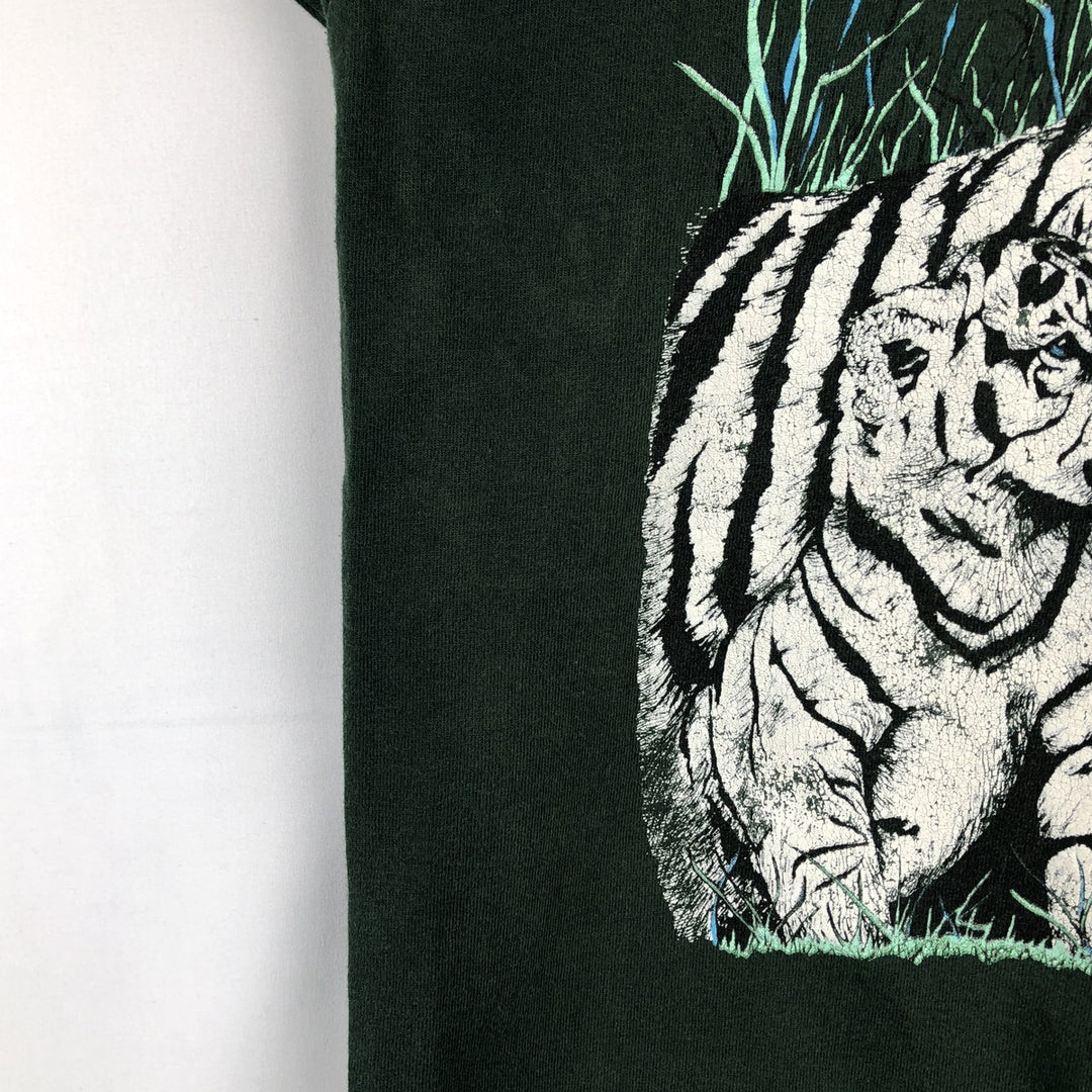90'S Fruit of the Loom Tiger Pattern Animal T-Shirt, Made in USA, Men's Size M (approx.), Vintage cotton Green type dark green Vintage Second Hand