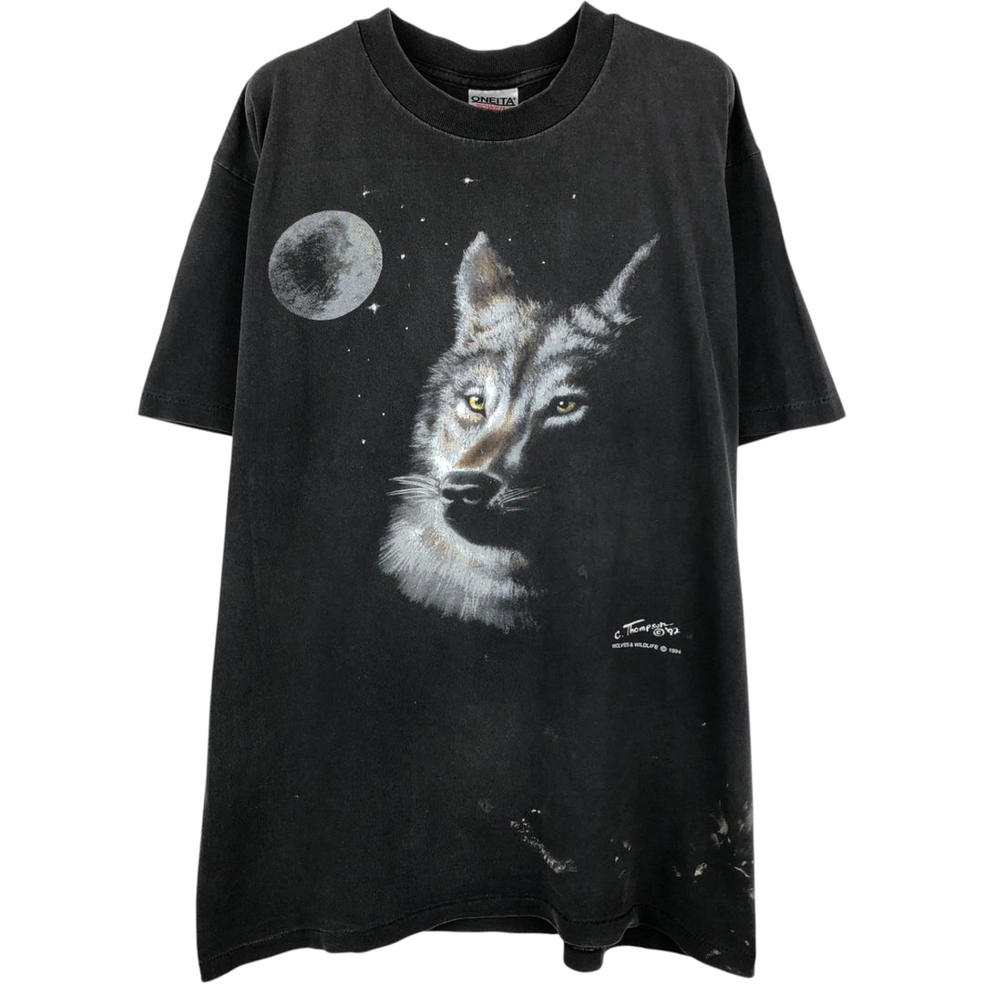 90'S ONEITA POWER-T Wolf Pattern Animal T-Shirt Men's Size L (Equivalent) Vintage cotton black type Vintage Second Hand