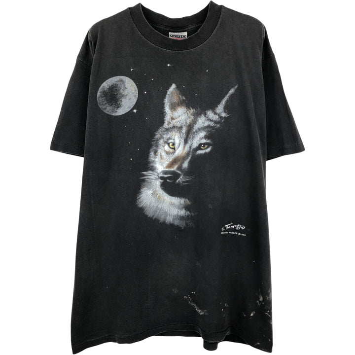 90'S ONEITA POWER-T Wolf Pattern Animal T-Shirt Men's Size L (Equivalent) Vintage cotton black type Vintage Second Hand