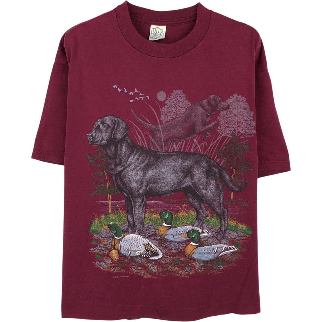 90'S Cotton Grove Dog Print Camo Pattern Animal T-Shirt, Made in USA, Men's Size L (Equivalent), Vintage cotton wine-red Vintage Second Hand
