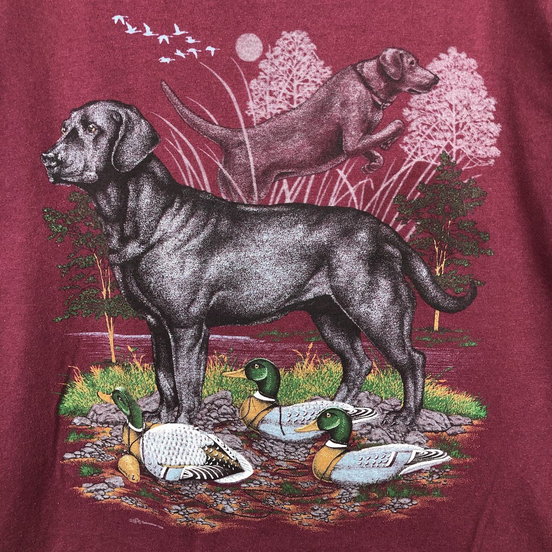 90'S Cotton Grove Dog Print Camo Pattern Animal T-Shirt, Made in USA, Men's Size L (Equivalent), Vintage cotton wine-red Vintage Second Hand
