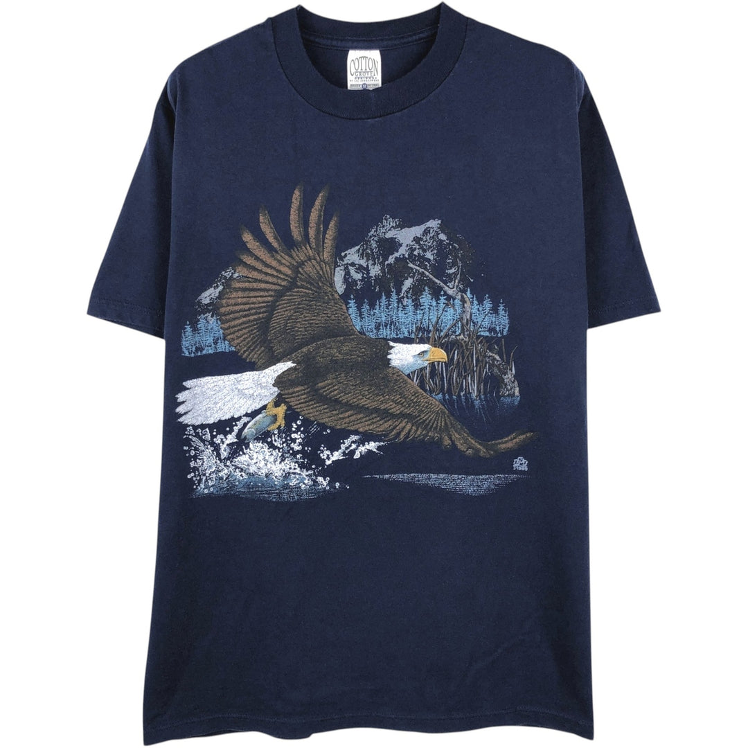 COTTON GROVE Eagle Pattern Animal T-Shirt, Made in USA, Men's Size M (approx.) cotton navy blue type Vintage Second Hand