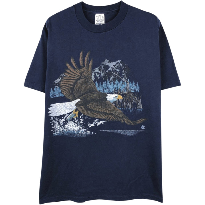 COTTON GROVE Eagle Pattern Animal T-Shirt, Made in USA, Men's Size M (approx.) cotton navy blue type Vintage Second Hand