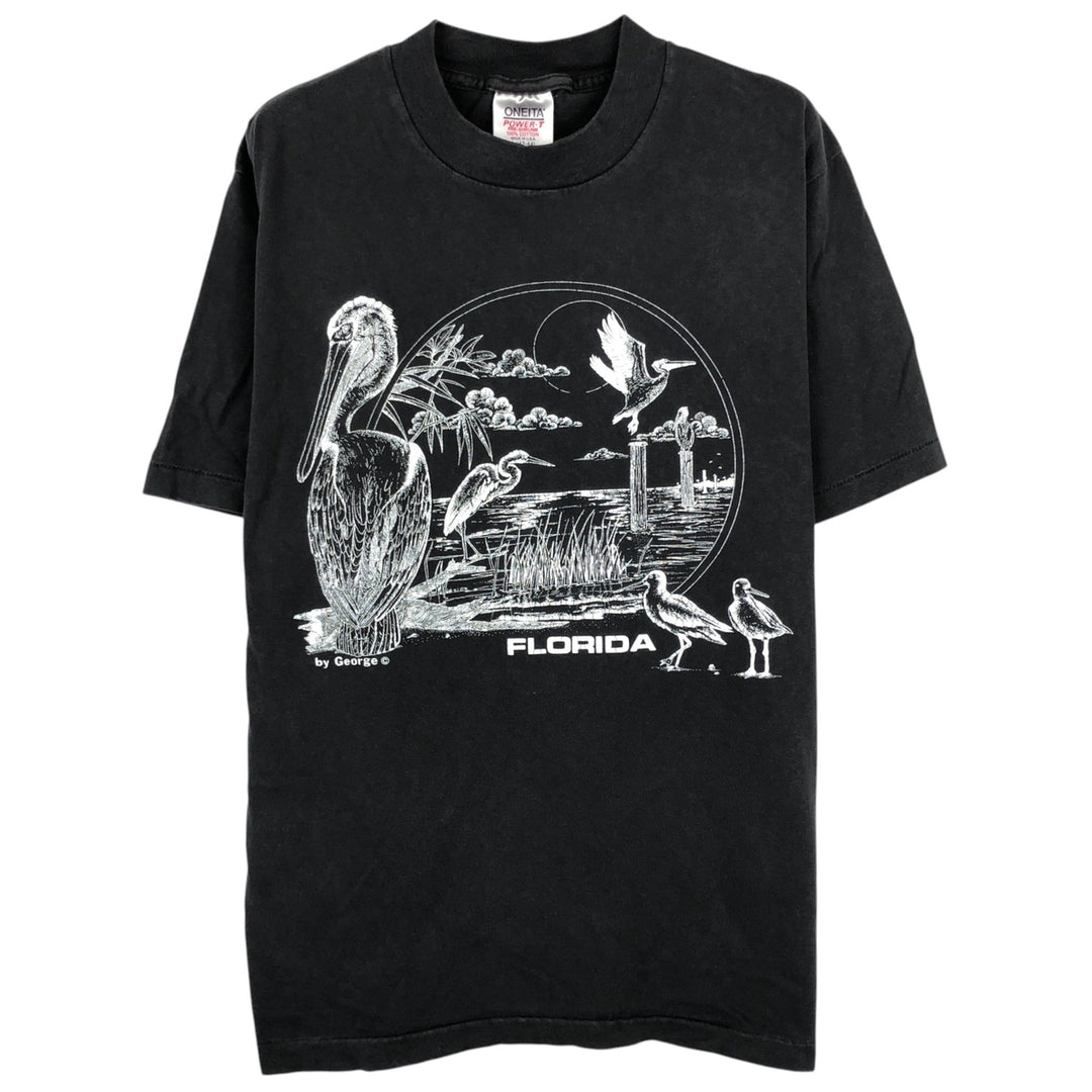 90'S ONEITA POWER-T Pelican Pattern Animal T-Shirt, Made in USA, Men's Size L (Equivalent), Vintage cotton black type Vintage Second Hand