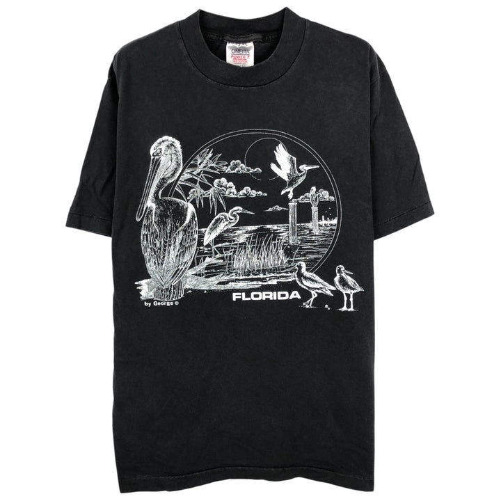 90'S ONEITA POWER-T Pelican Pattern Animal T-Shirt, Made in USA, Men's Size L (Equivalent), Vintage cotton black type Vintage Second Hand