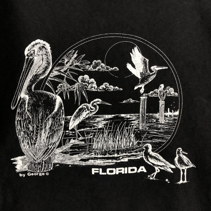 90'S ONEITA POWER-T Pelican Pattern Animal T-Shirt, Made in USA, Men's Size L (Equivalent), Vintage cotton black type Vintage Second Hand