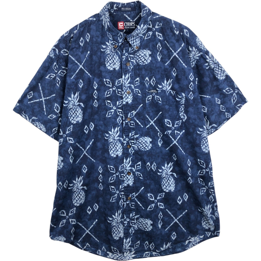 Ralph Lauren CHAPS all-over print button-down Hawaiian Aloha shirt, men's size L (approx.) cotton Navy blue Vintage Second Hand