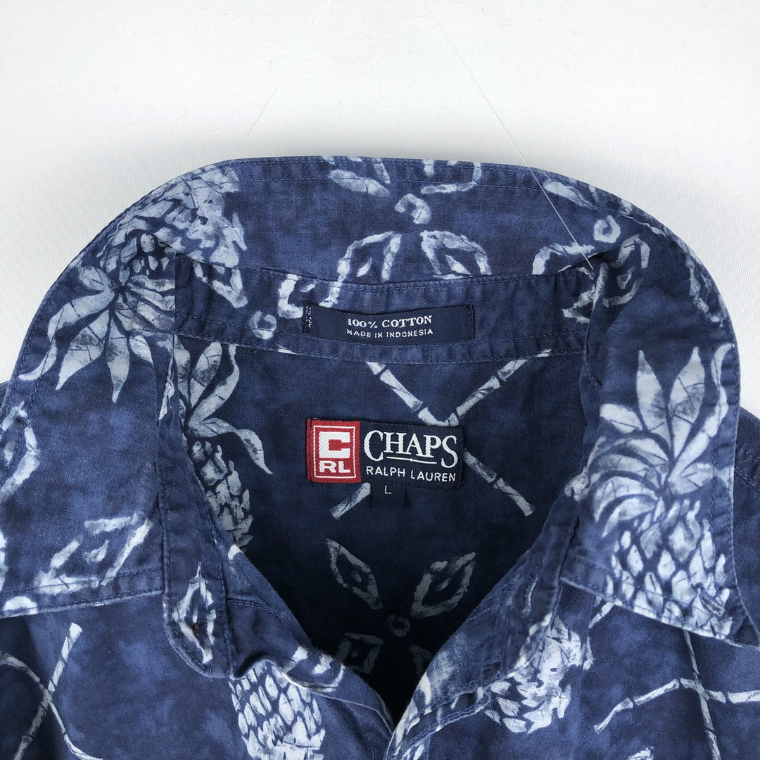 Ralph Lauren CHAPS all-over print button-down Hawaiian Aloha shirt, men's size L (approx.) cotton Navy blue Vintage Second Hand