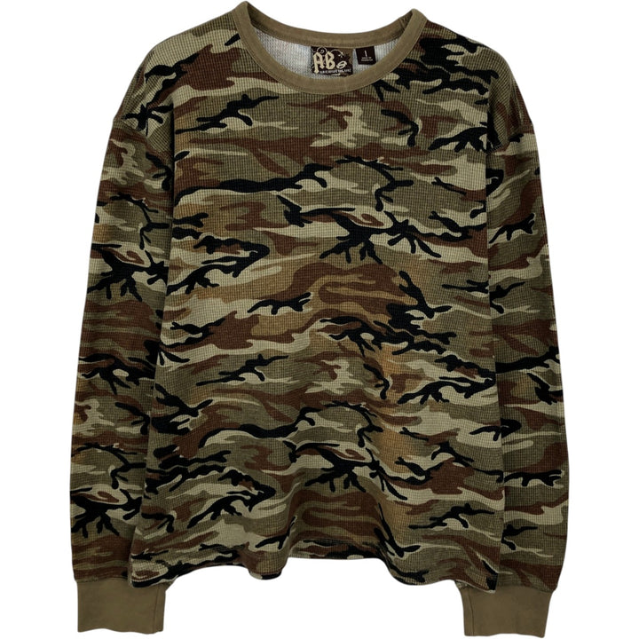 ANCHOR BLUE Camouflage Pattern Woodland Camo Thermal Long-Sleeve T-Shirt (Waffle) - Men's Size M (approx.) cotton Khaki type Vintage Second Hand