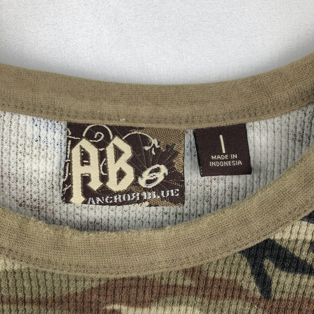 ANCHOR BLUE Camouflage Pattern Woodland Camo Thermal Long-Sleeve T-Shirt (Waffle) - Men's Size M (approx.) cotton Khaki type Vintage Second Hand