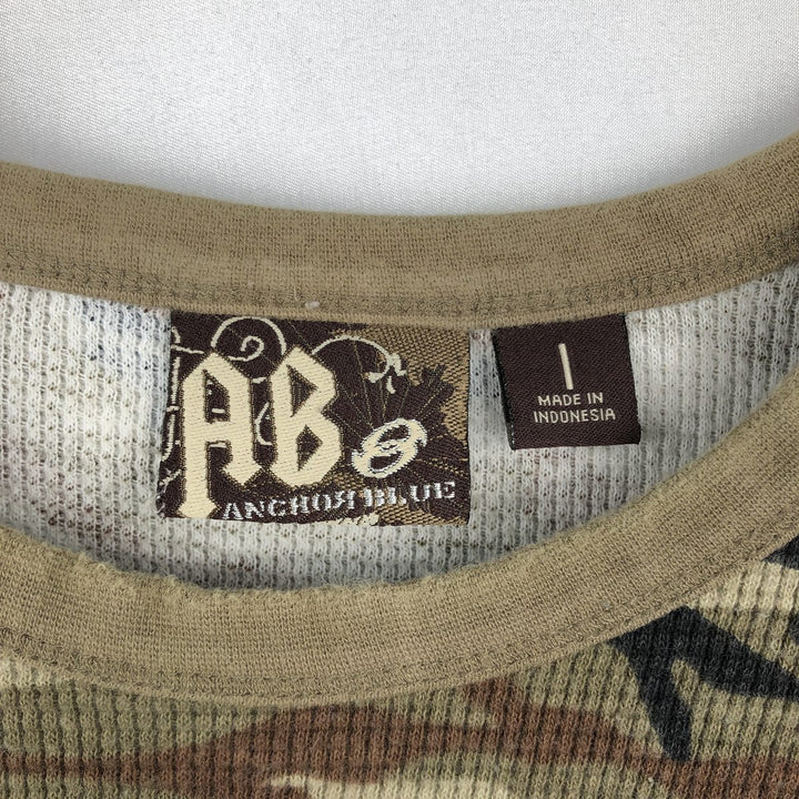 ANCHOR BLUE Camouflage Pattern Woodland Camo Thermal Long-Sleeve T-Shirt (Waffle) - Men's Size M (approx.) cotton Khaki type Vintage Second Hand