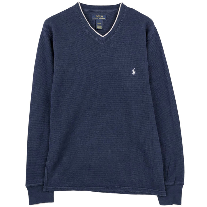 Ralph Lauren POLO RALPH LAUREN V-neck Thermal Long-Sleeve T-shirt, Waffle Knit, Men's Size M (approx.) cotton navy blue type Vintage Second Hand