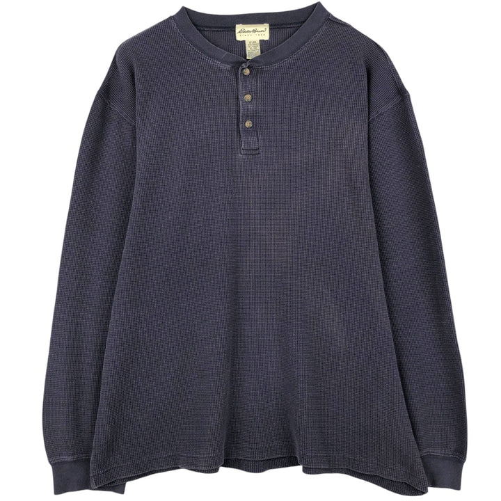 1990'S Eddie Bauer Henley Neck Thermal Long-Sleeve T-Shirt, Waffle Knit, Men's XL (approx.), Vintage cotton navy blue type Vintage Second Hand