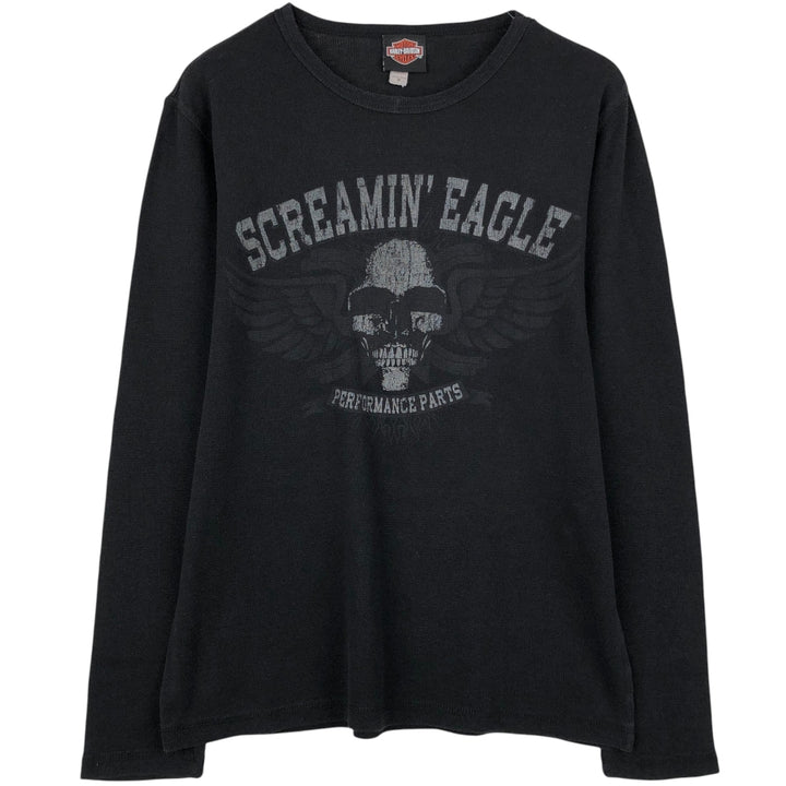 Harley-Davidson Skull Pattern Eagle Pattern Motorcycle Skull Wing Thermal Long-Sleeve T-Shirt Honeycomb Men's Size M (approx.) cotton black type Vintage Second Hand