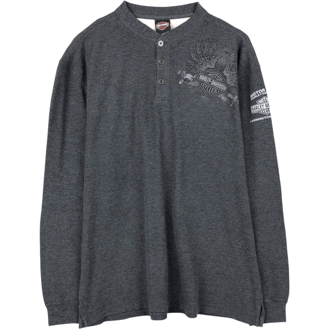 2000'S Harley-Davidson Eagle Pattern Motorcycle Henley Neck Thermal Long-Sleeve T-Shirt, Honeycomb Design, Men's XL (approx.) cotton Charcoal Vintage Second Hand
