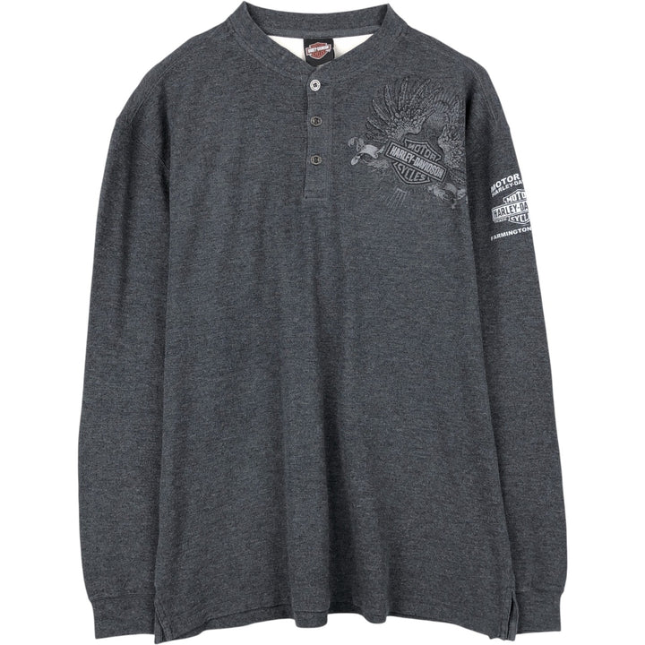 2000'S Harley-Davidson Eagle Pattern Motorcycle Henley Neck Thermal Long-Sleeve T-Shirt, Honeycomb Design, Men's XL (approx.) cotton Charcoal Vintage Second Hand