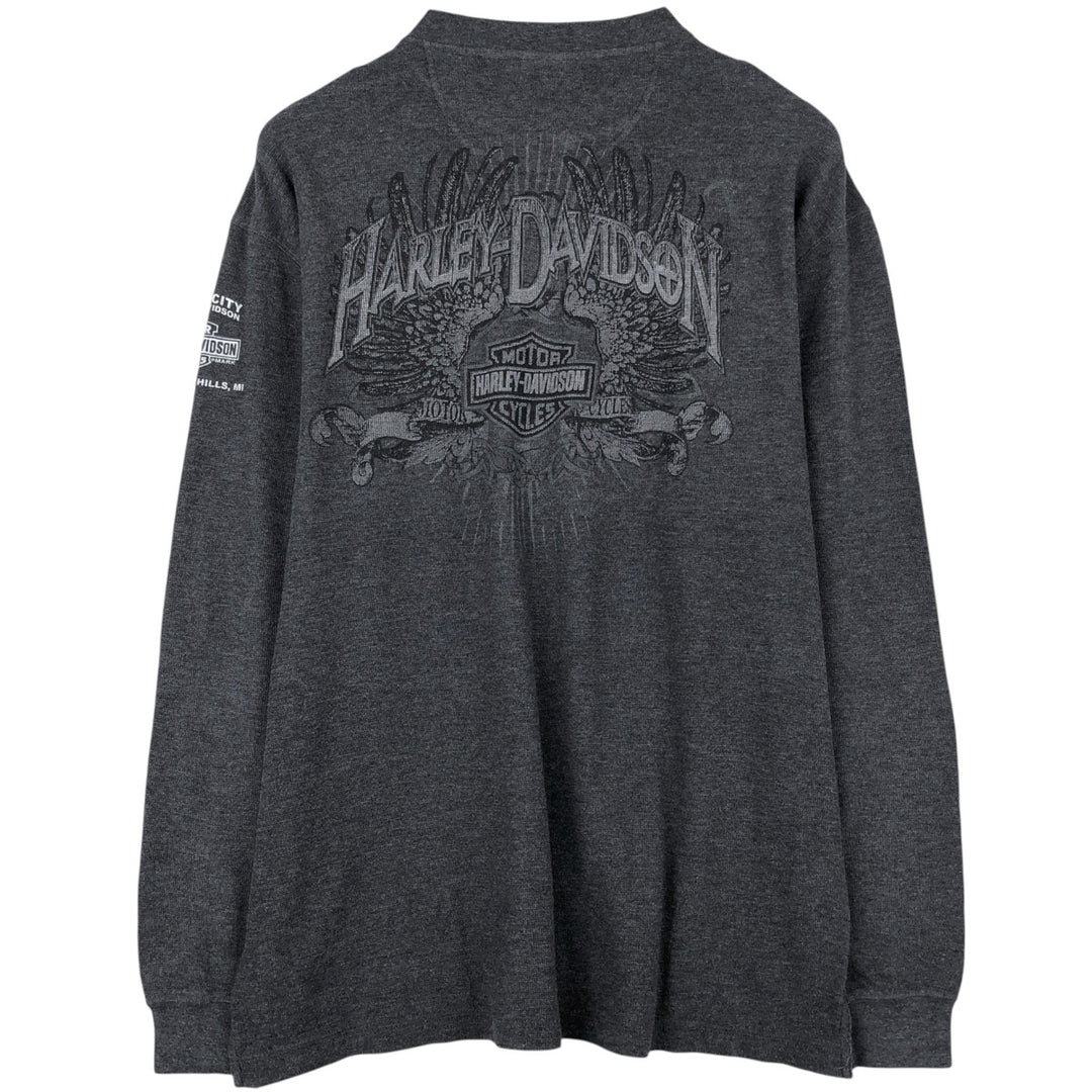 2000'S Harley-Davidson Eagle Pattern Motorcycle Henley Neck Thermal Long-Sleeve T-Shirt, Honeycomb Design, Men's XL (approx.) cotton Charcoal Vintage Second Hand