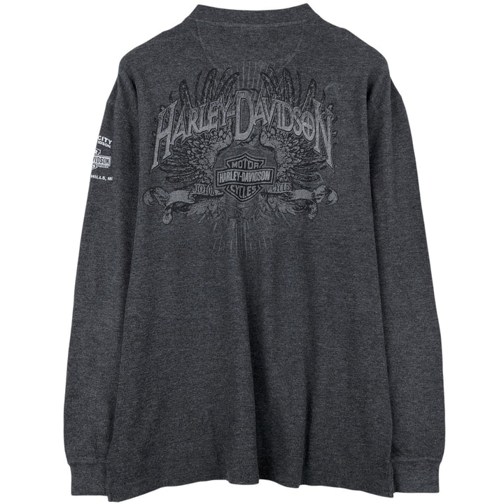 2000'S Harley-Davidson Eagle Pattern Motorcycle Henley Neck Thermal Long-Sleeve T-Shirt, Honeycomb Design, Men's XL (approx.) cotton Charcoal Vintage Second Hand