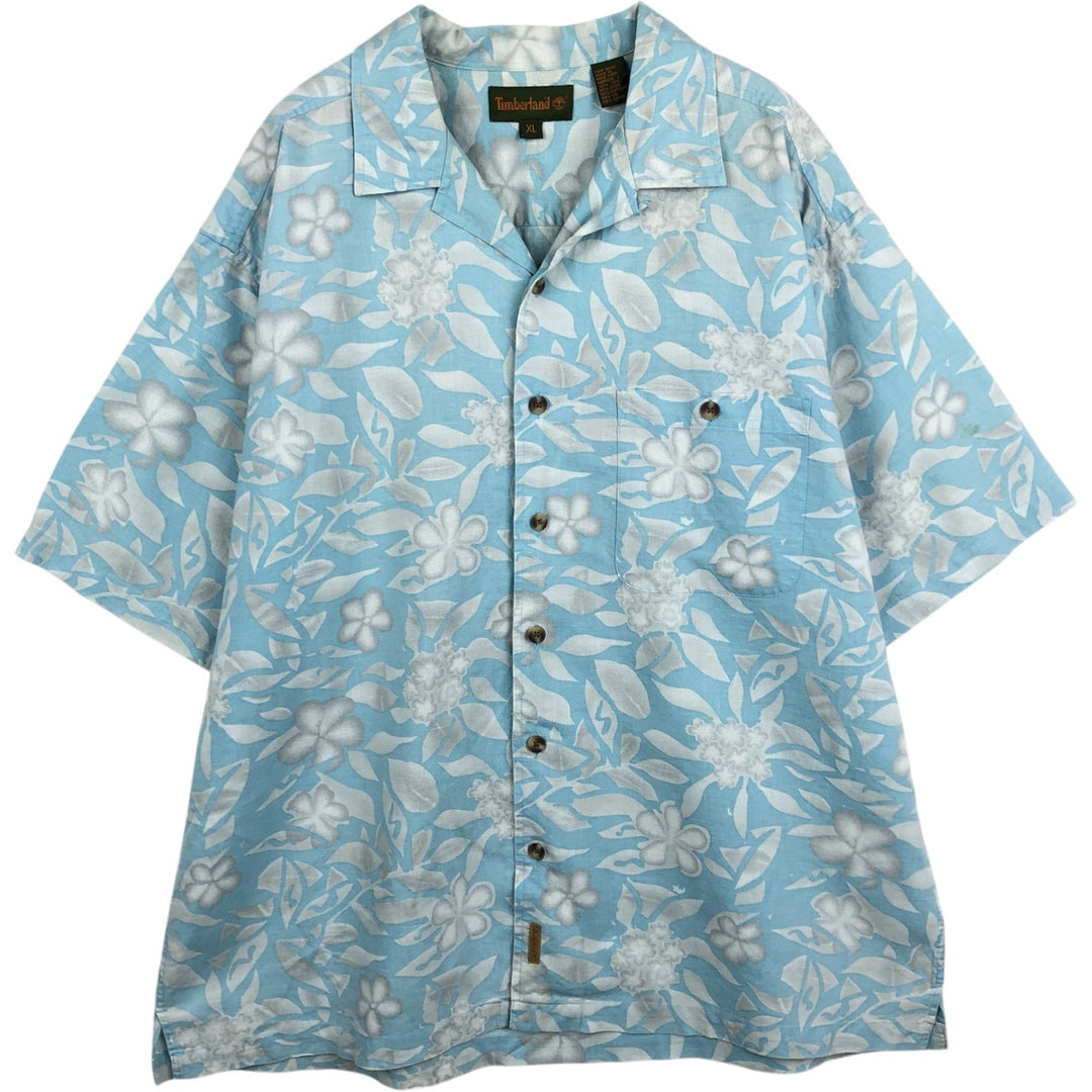 Timberland all-over floral print open-collar Hawaiian Aloha shirt, boxy fit, men's size XL. linen Blue type light blue Vintage Second Hand