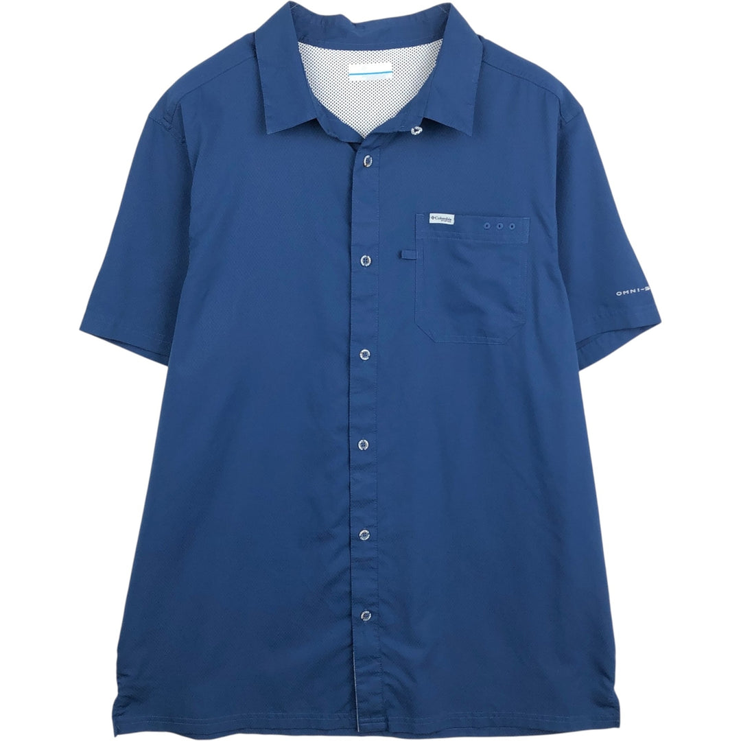 Columbia PFG Open Collar Short Sleeve Fishing Shirt, Box Shirt, Men's Size L (approx.) polyester Navy blue Vintage Second Hand