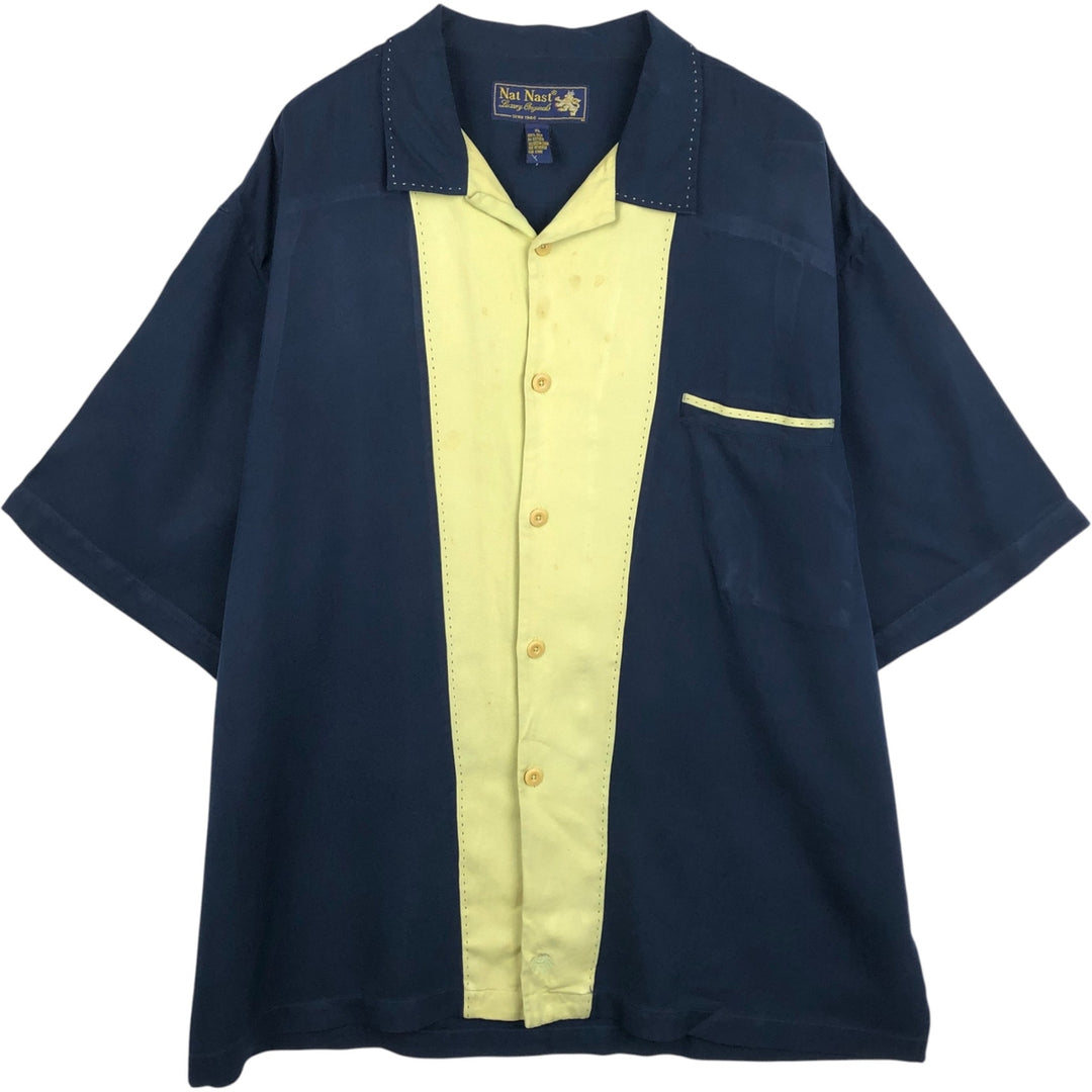 90'S Nat Nast Open Collar Short Sleeve Two-Tone Shirt, Boxy Shirt, Men's XL (approx.), Vintage silk navy blue type Vintage Second Hand