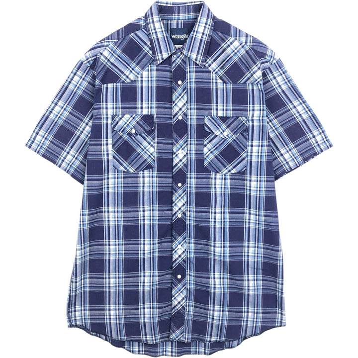 Wrangler Check Pattern Short-Sleeve Western Shirt, Men's Size L (approx.) unclear navy blue type Vintage Second Hand